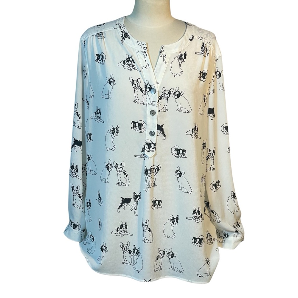 John Mark Women’s Sz XL Ivory French Bulldog Print Tunic Blouse